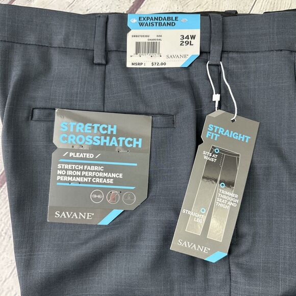 Savane Mens Stretch Crosshatch‎ Charcoal 34W / 29L Pleated Pants NWT - Picture 6 of 8